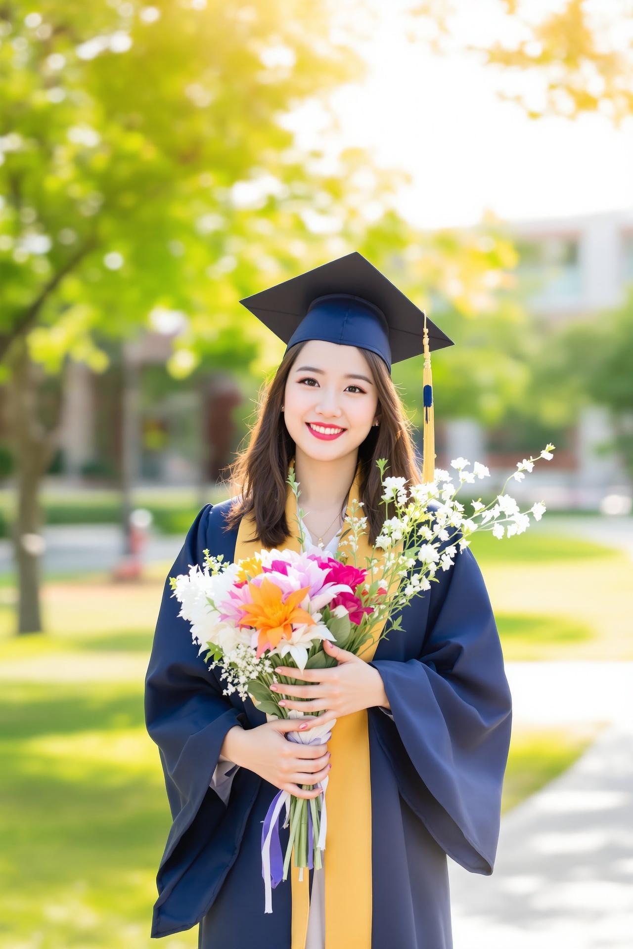 青春校园 - 身着学士服的大学毕业生在校园绿地上手捧花束 - 每日福利