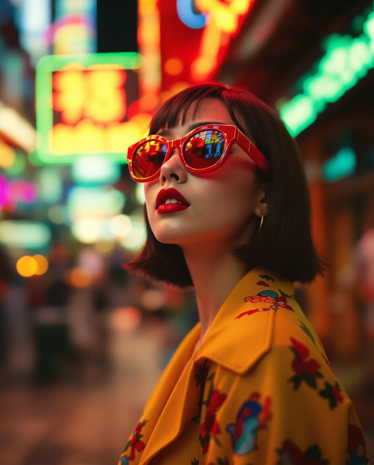 复古港风 - 身着80年代港风复古时尚的女性在霓虹街头背景前 - 每日福利